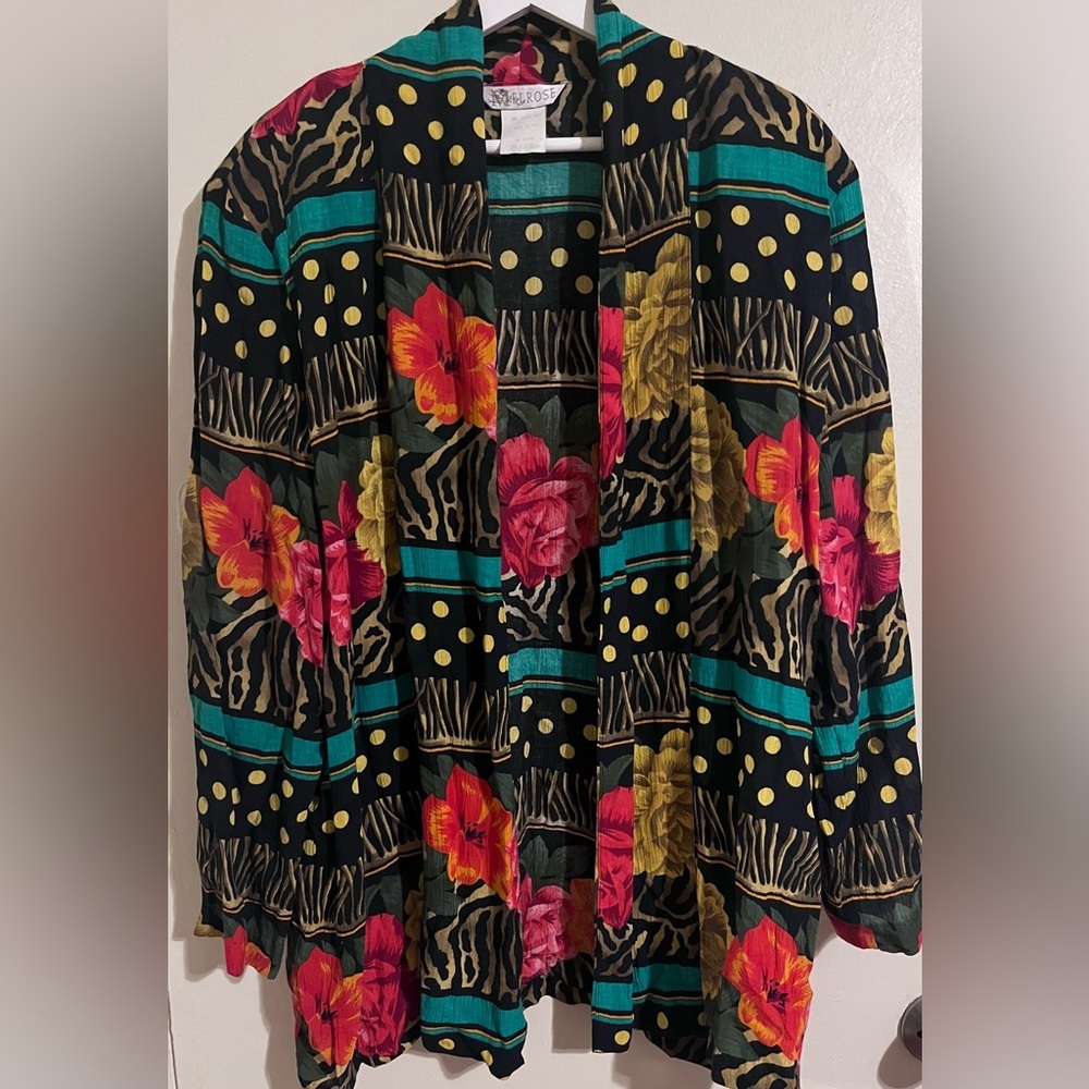 Melrose Floral Mixed Pring Open Cardigan Size 10 Casual Vintage Sears Black Gold